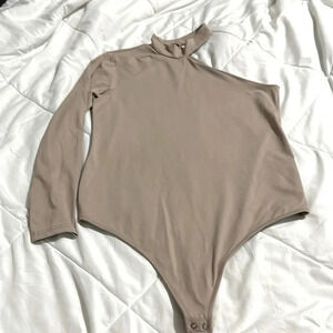 Abercrombie & Fitch Long Sleeve Mock Neck Bodysuit in Taupe